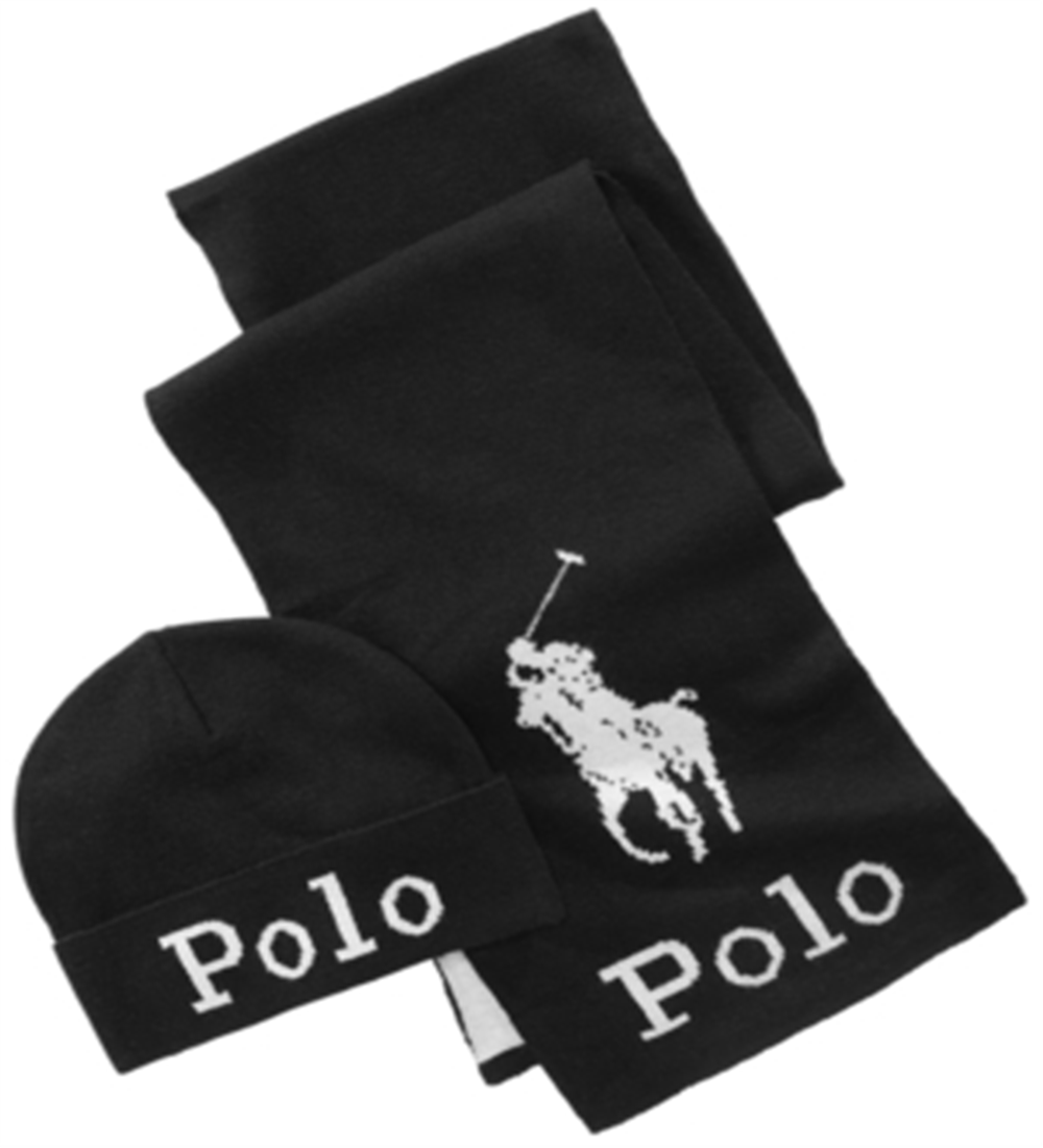 Ralph Lauren Men's Wool Blend Winter Hat & Scarf Set Black Size Regular