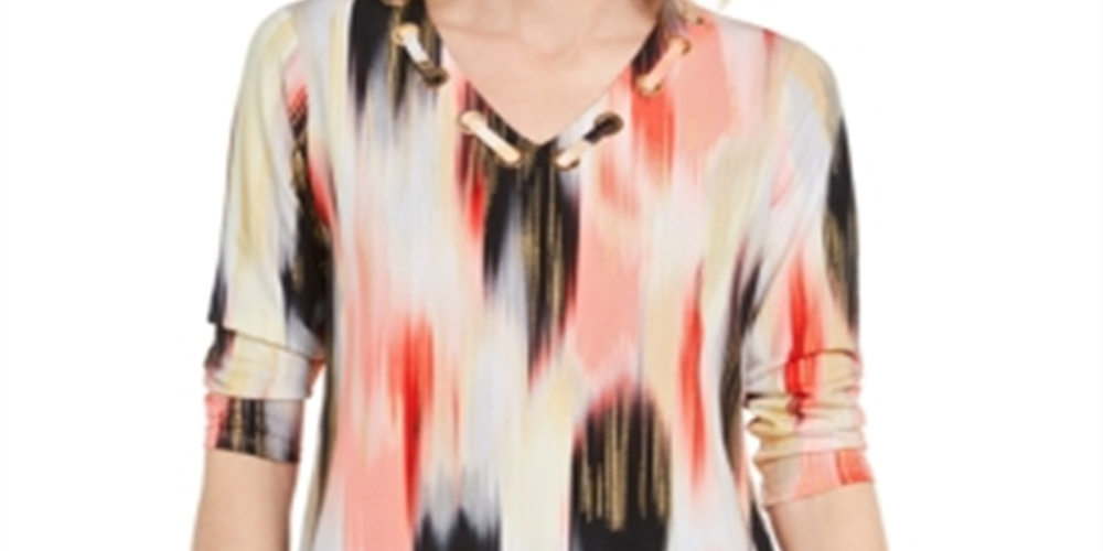 JM Collection Women's Printed Grommet Neck Top Red Size X-Small