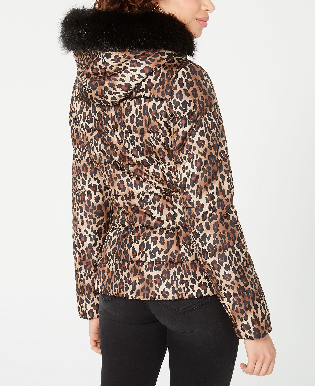 Celebrity Pink Junior's Leopard Print Puffer Coat With Faux Fur Trim Hood Brown Size XX-Large
