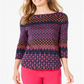 Charter Club Women's Printed 3/4 Sleeve Cotton Top Blue Size Petite Medium