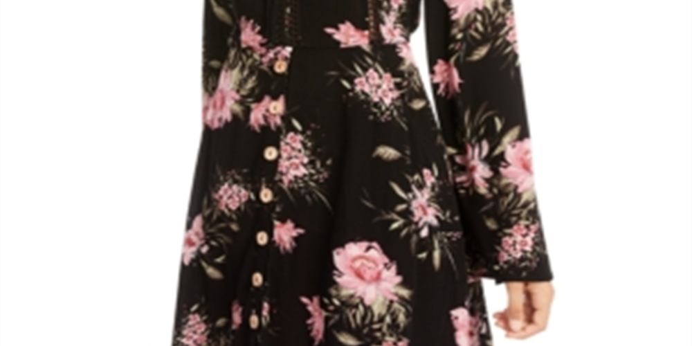 American Rag Junior's Printed Bell Sleeved Mini Dress Black Size Small