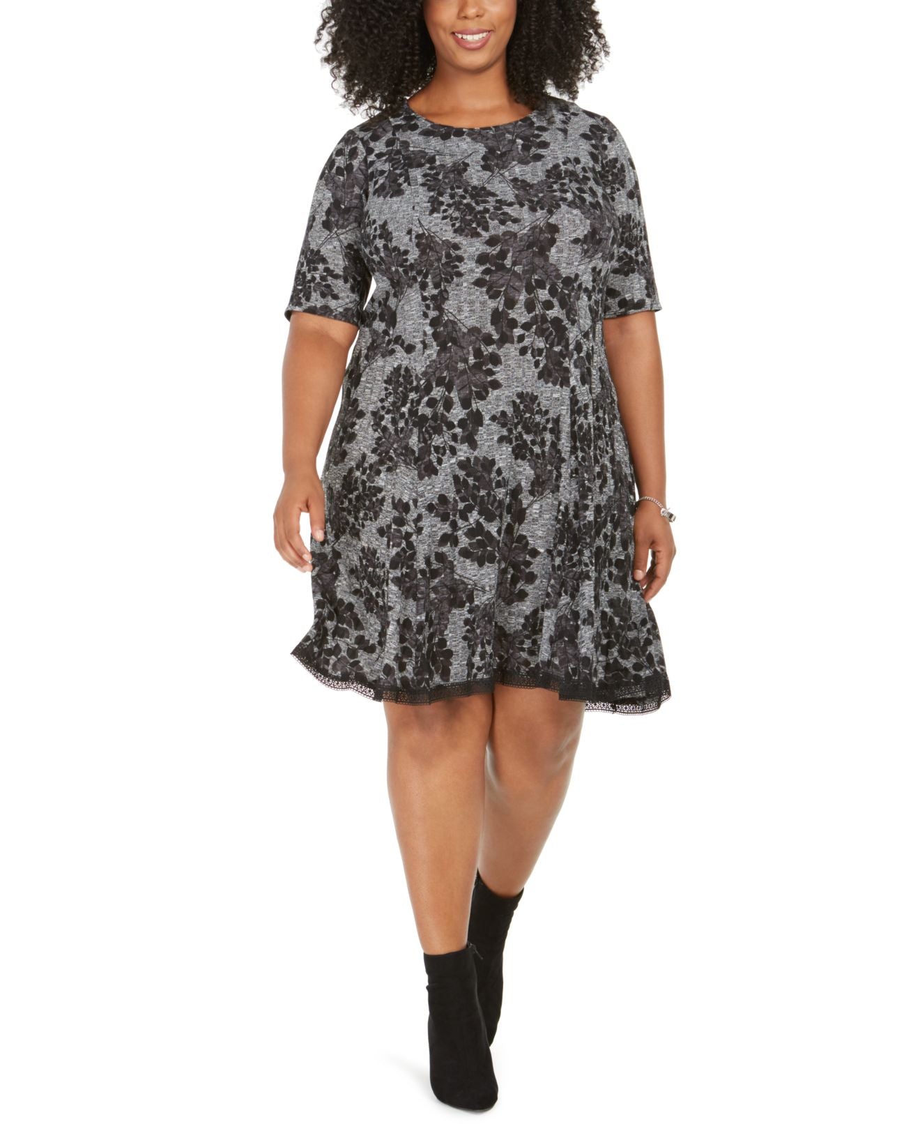 Robbie Bee Women's Plus Floral Crochet Trim with Short Sleeve a Line Dress Gray Size 2X