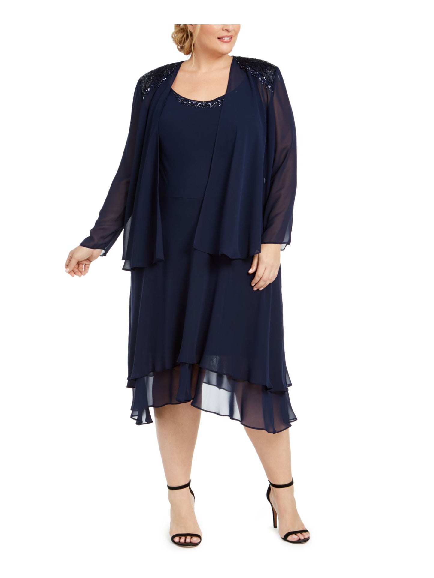 SL Fashions Women's Plus 2PC Embellished Shift Dress Blue Size 14W