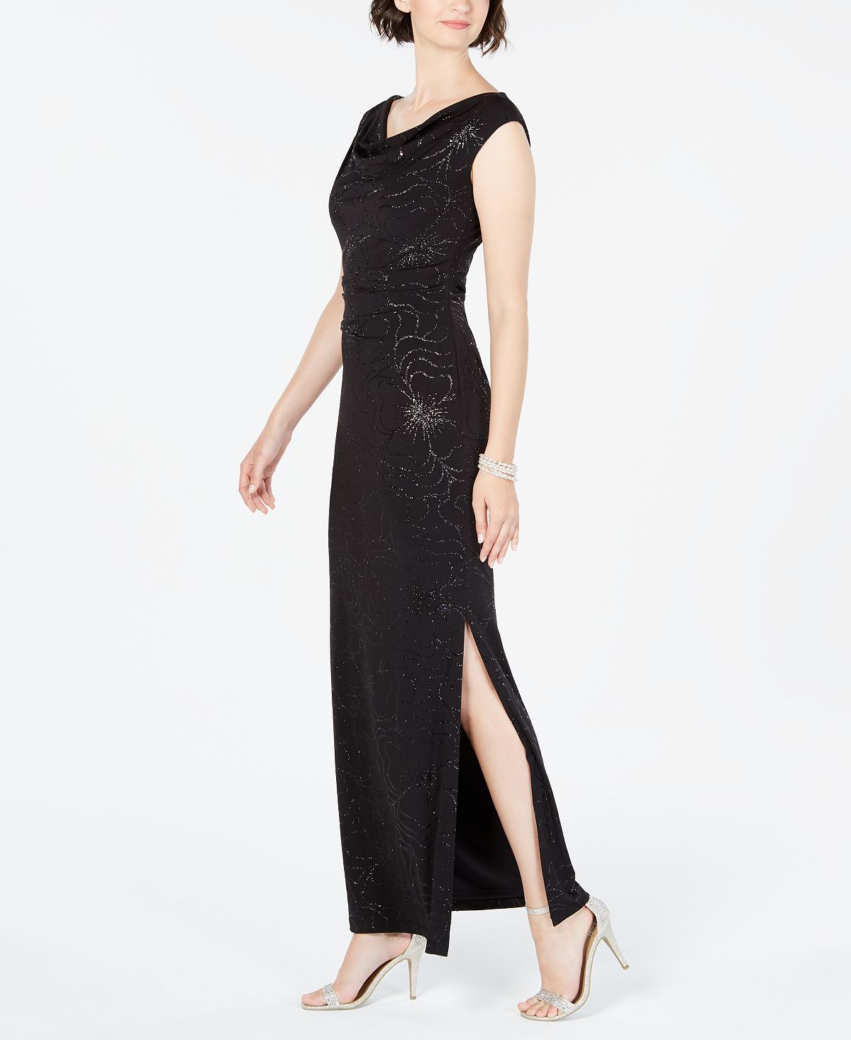 Jessica Howard Women's Metallic Floral Draped Gown Black Size 14