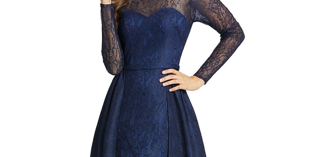 Mac Duggal Women's Long Sleeve Lace Overskirt Gown Navy Size 16
