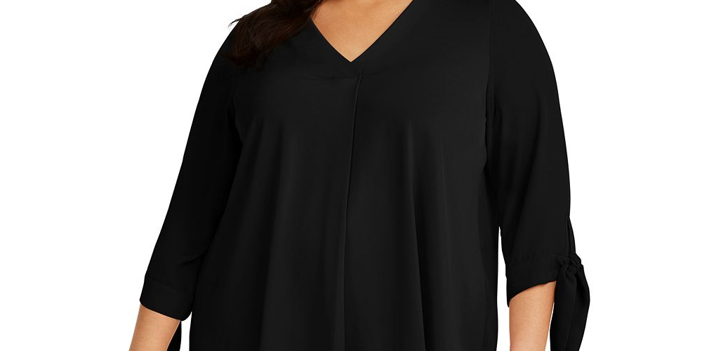 Alfani Women's Pleated Back Tie Sleeve Top -Black Size 1X