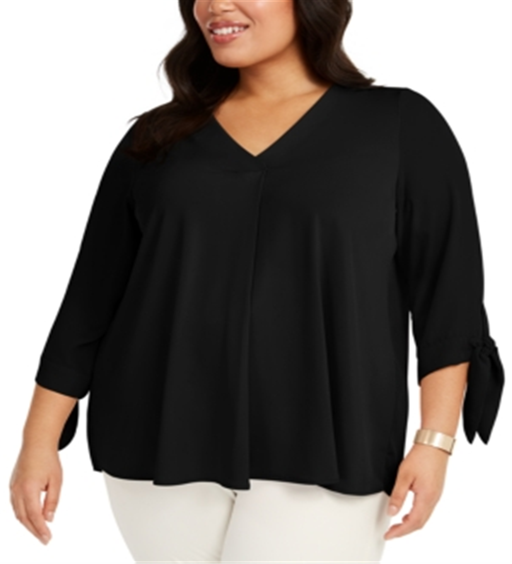 Alfani Women's Pleated Back Tie Sleeve Top -Black Size 1X