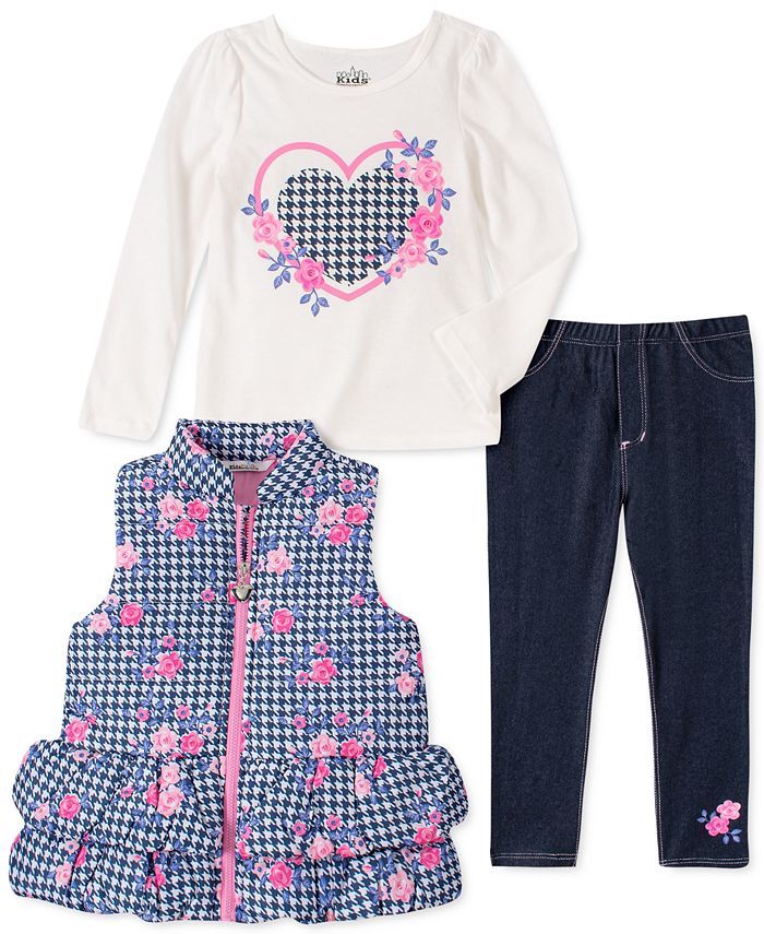 Kids Headquarters Little Girl's 3 Pc Houndstooth Vest T-Shirt & Denim Leggings Set Blue Size 6