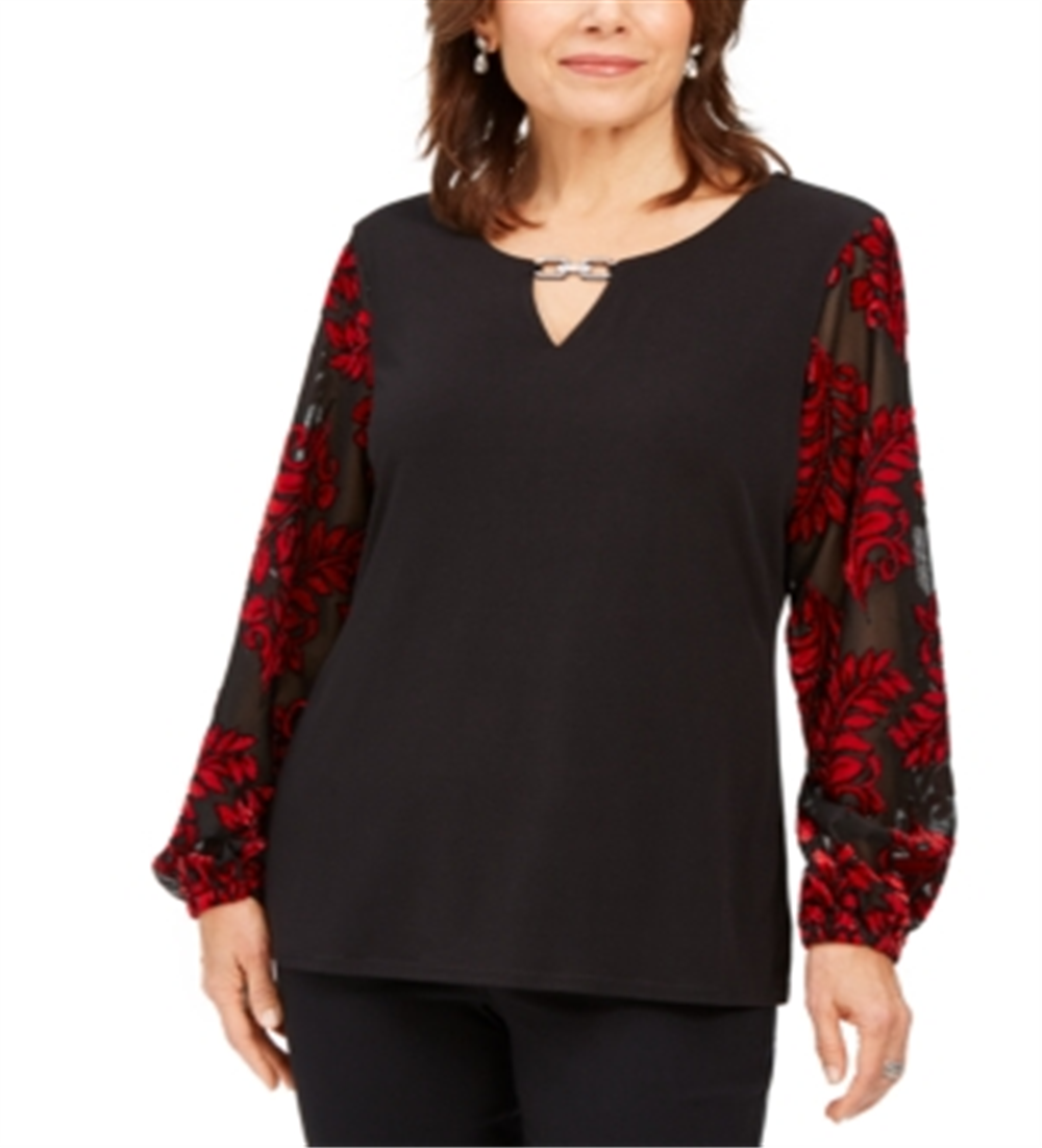 JM Collection Women's Embellished Velvet Sleeve Top Black Size 2XL