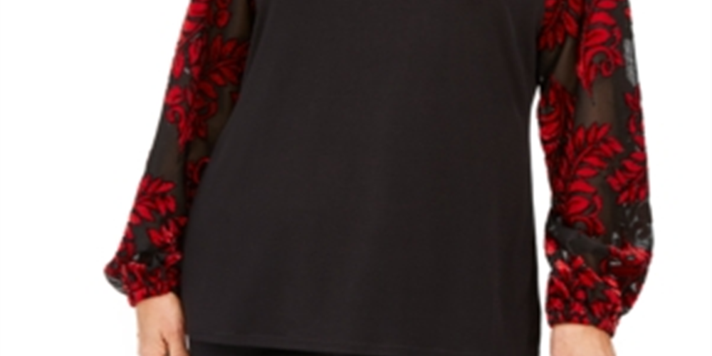 JM Collection Women's Embellished Velvet Sleeve Top Black Size 2XL