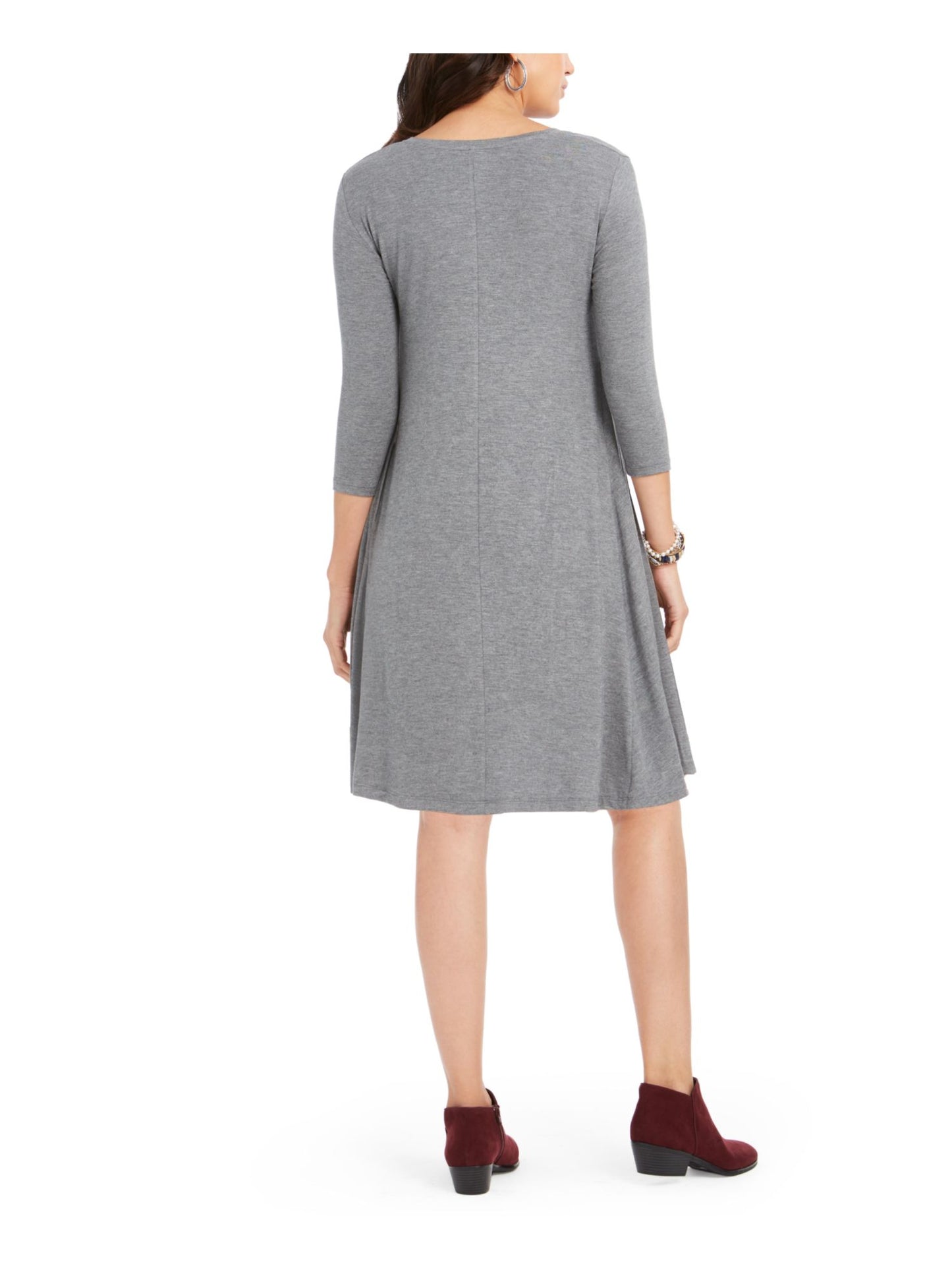 Style & Co Women's 3/4 Sleeve V Neck Above the Knee Fit Flare Dress Gray Size Petite Small