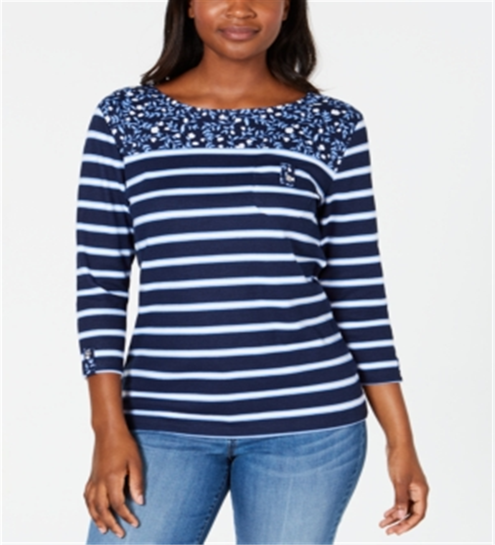 Karen Scott Women's Sport Floral Yoke Striped Top Blue Size XX-Large