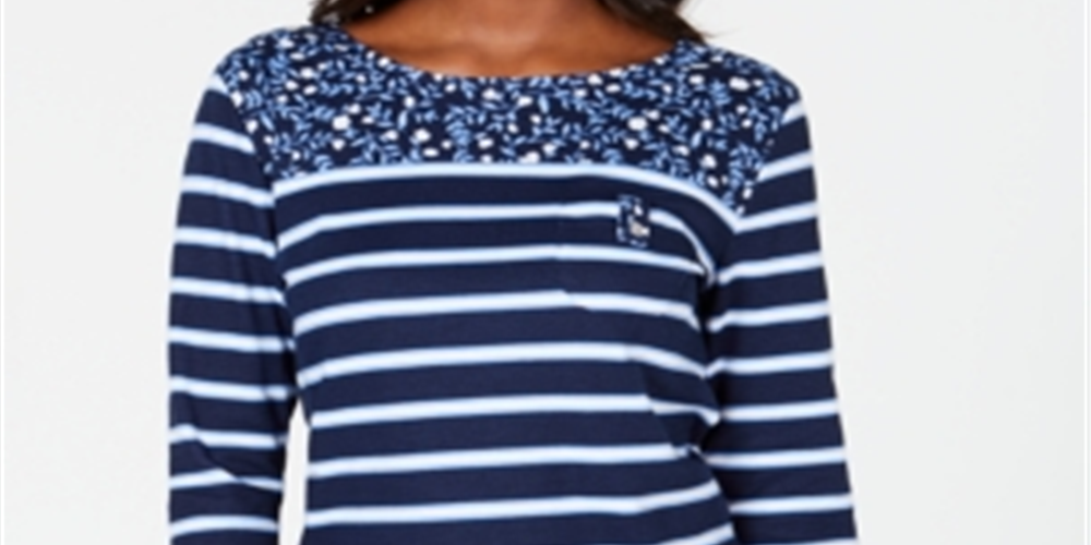 Karen Scott Women's Sport Floral Yoke Striped Top Blue Size XX-Large