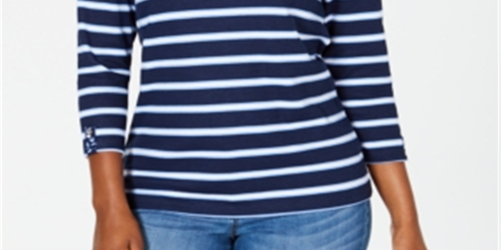 Karen Scott Women's Sport Floral Yoke Striped Top Blue Size XX-Large
