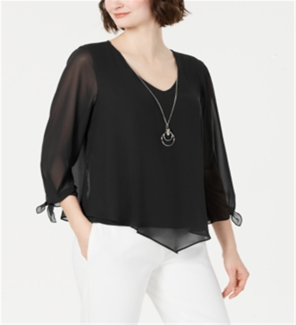 JM Collection Women's Chiffon Tie Cuff Top Black Size Petite S