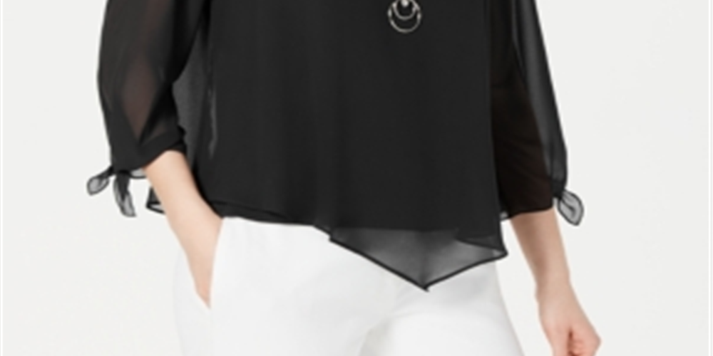 JM Collection Women's Chiffon Tie Cuff Top Black Size Petite S