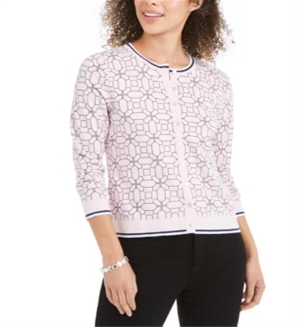 Charter Club Women's Tipped Geo Patterned Cardigan Sweater Pink Size XL