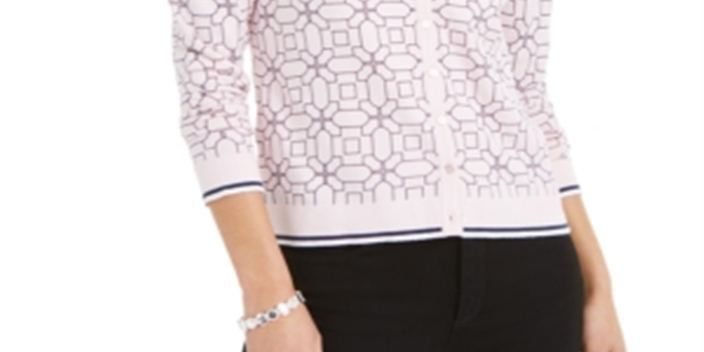 Charter Club Women's Tipped Geo Patterned Cardigan Sweater Pink Size XL