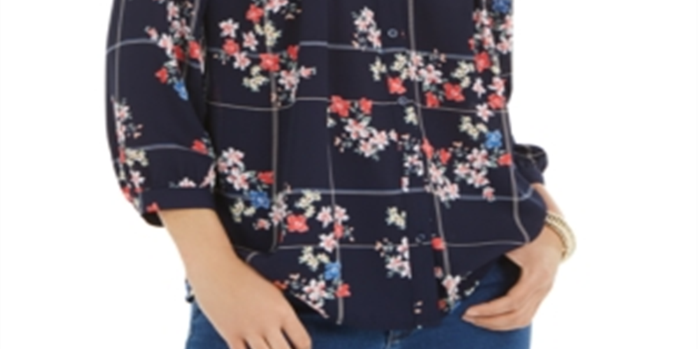 Charter Club Women's Sophia Printed Pintuck Blouse Blue Size Large