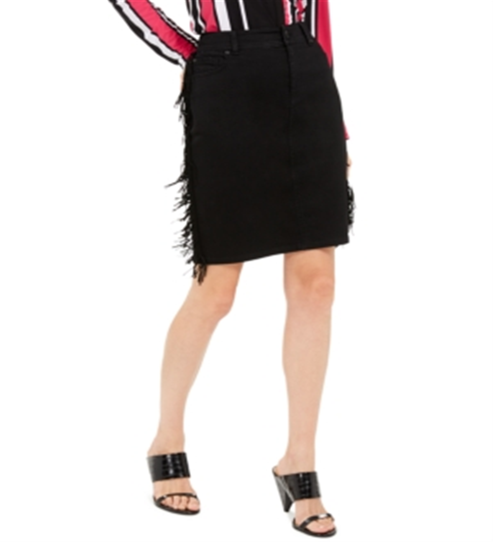 INC International Concepts Women's Fringe Trim Denim Skirt Black Size 4
