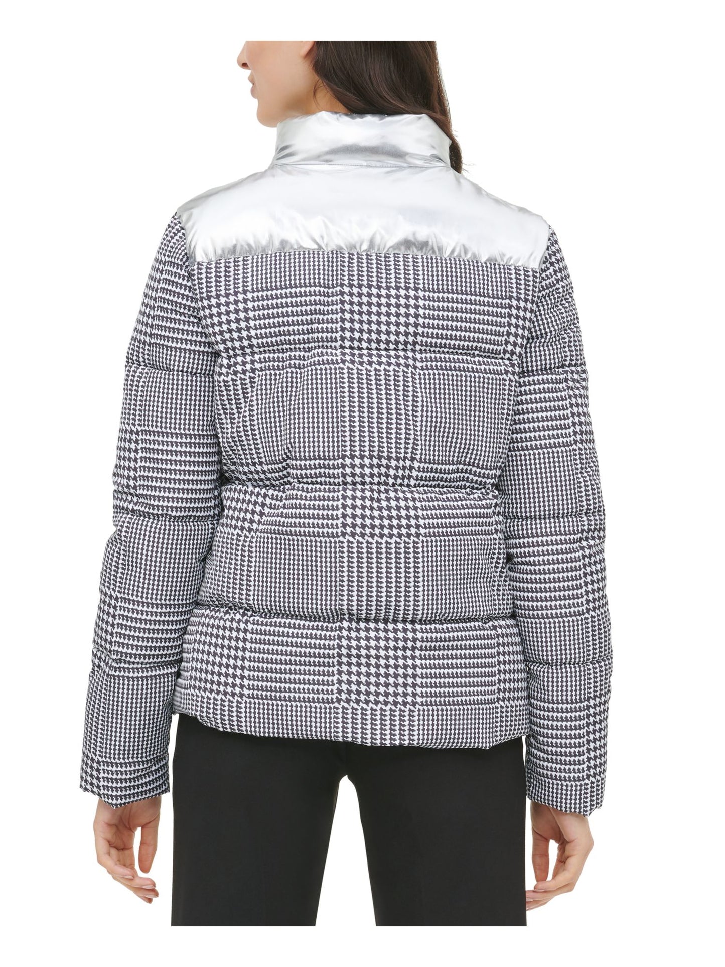 Calvin Klein Women's Houndstooth Puffer Jacket Silver Size X-Small