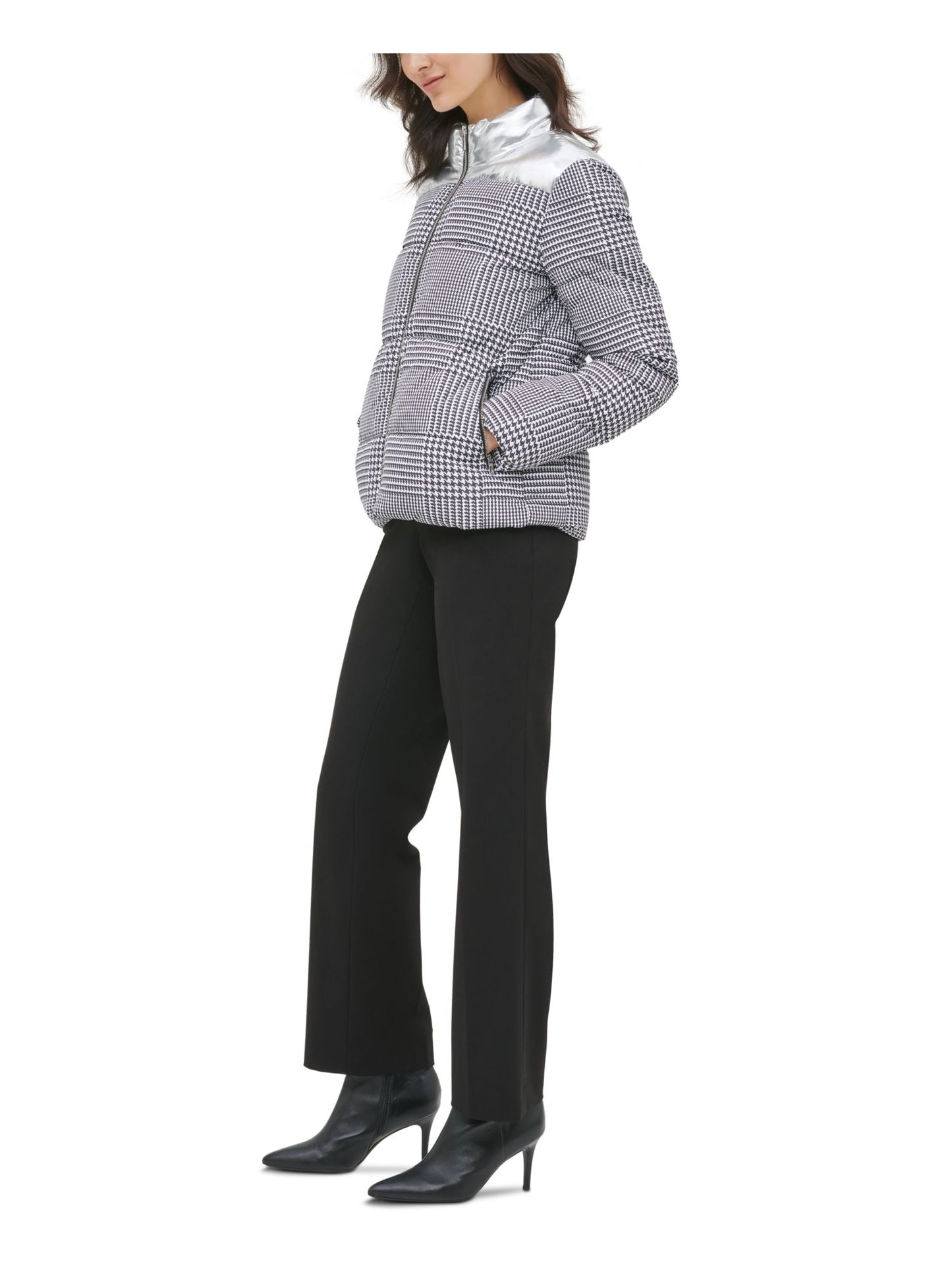 Calvin Klein Women's Houndstooth Puffer Jacket Silver Size X-Small