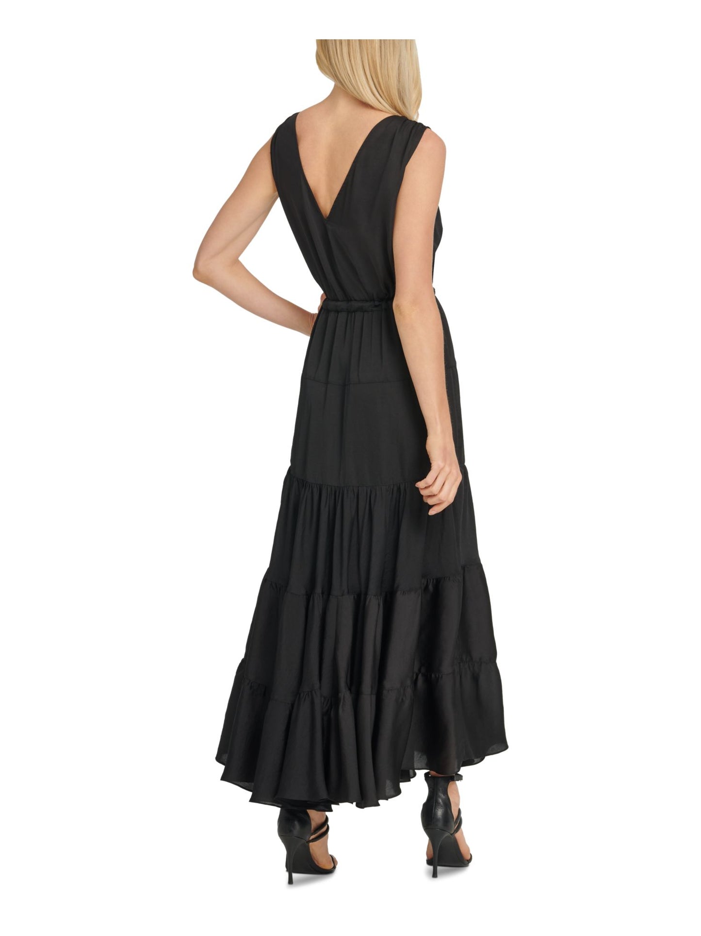 DKNY Women's Tie Waist Tiered Maxi Dress Black Size X-Large