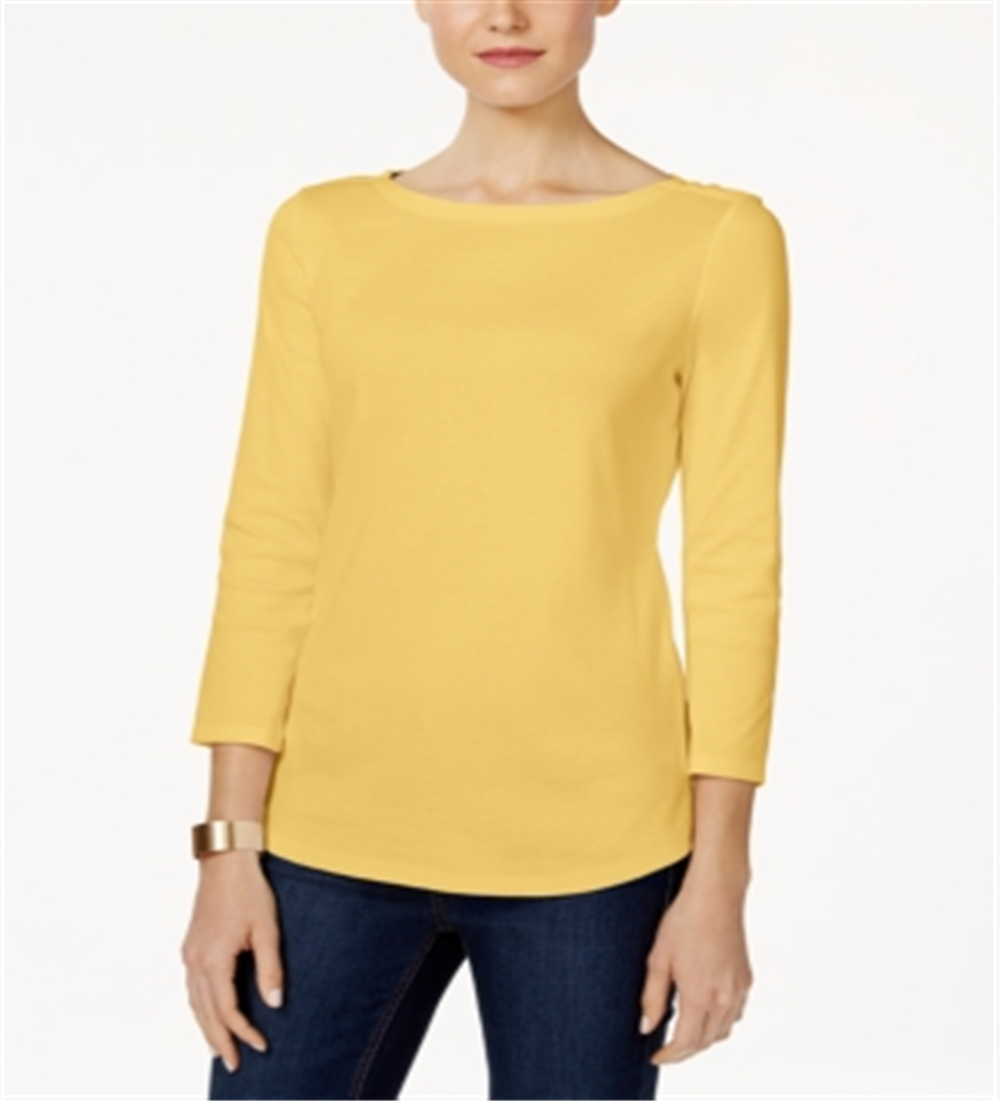 Charter Club Women's Pima Cotton Boat Neck Button Shoulder Top Yellow Size Small