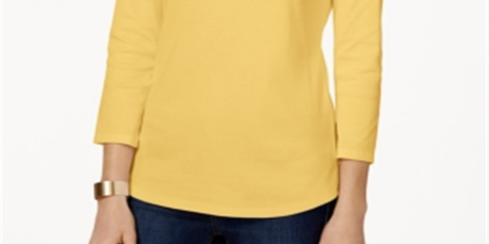 Charter Club Women's Pima Cotton Boat Neck Button Shoulder Top Yellow Size Small