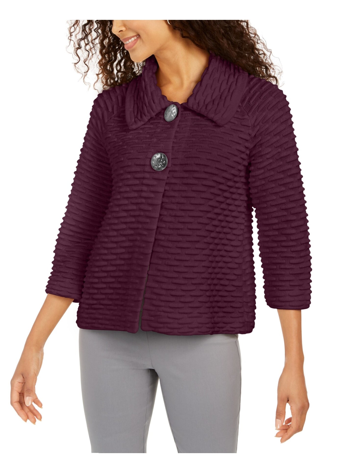 JM Collection Women's Textured Two button Front Top Purple Size Petite Small