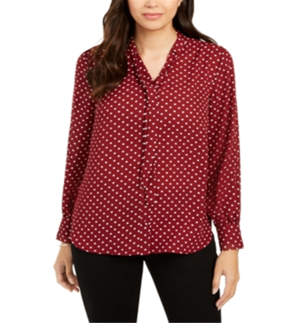 Charter Club Women's Polka Dot Cuffed Button up Top Red Size Large