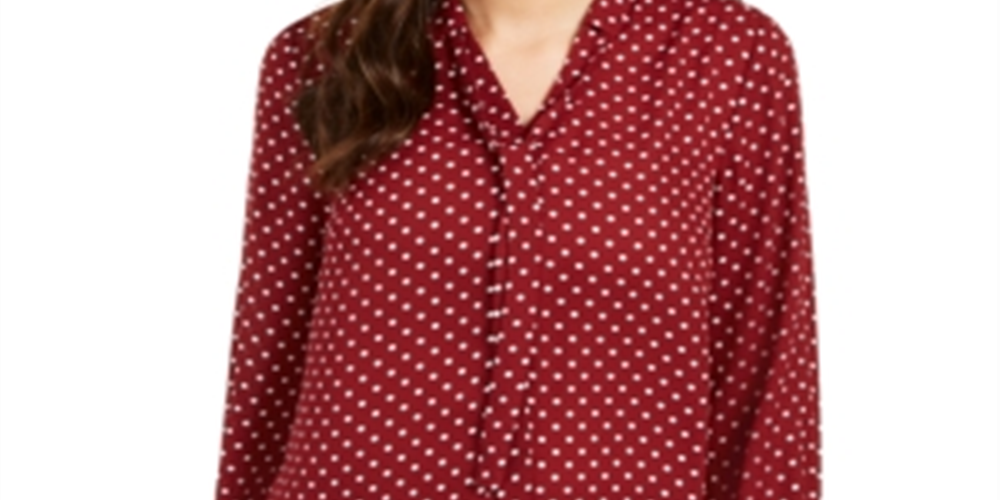 Charter Club Women's Polka Dot Cuffed Button up Top Red Size Large
