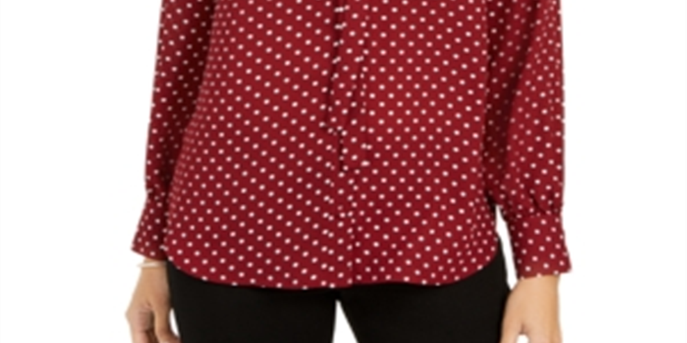 Charter Club Women's Polka Dot Cuffed Button up Top Red Size Large