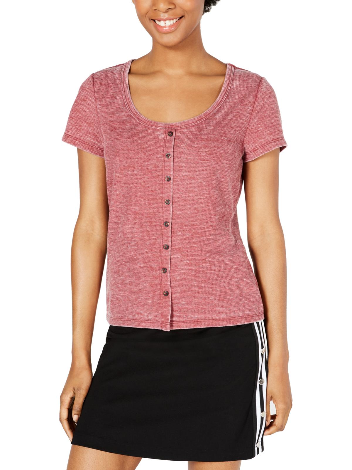 Crave Fame by Almost Famous Women's Juniors Waffle Knit Floral T-Shirt Pink Size XL