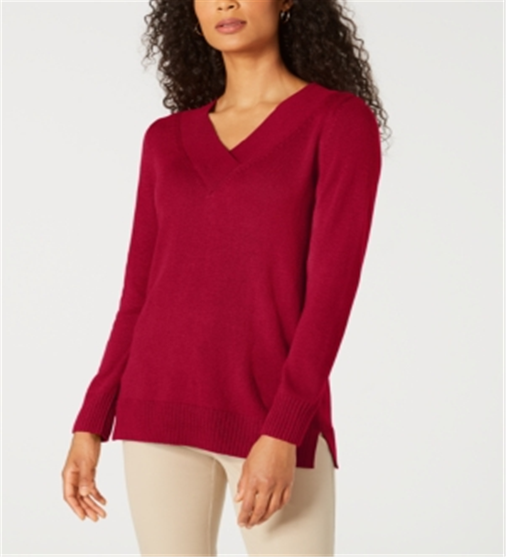 Karen Scott Women's V Neck Solid Sweater Red Size X-Small