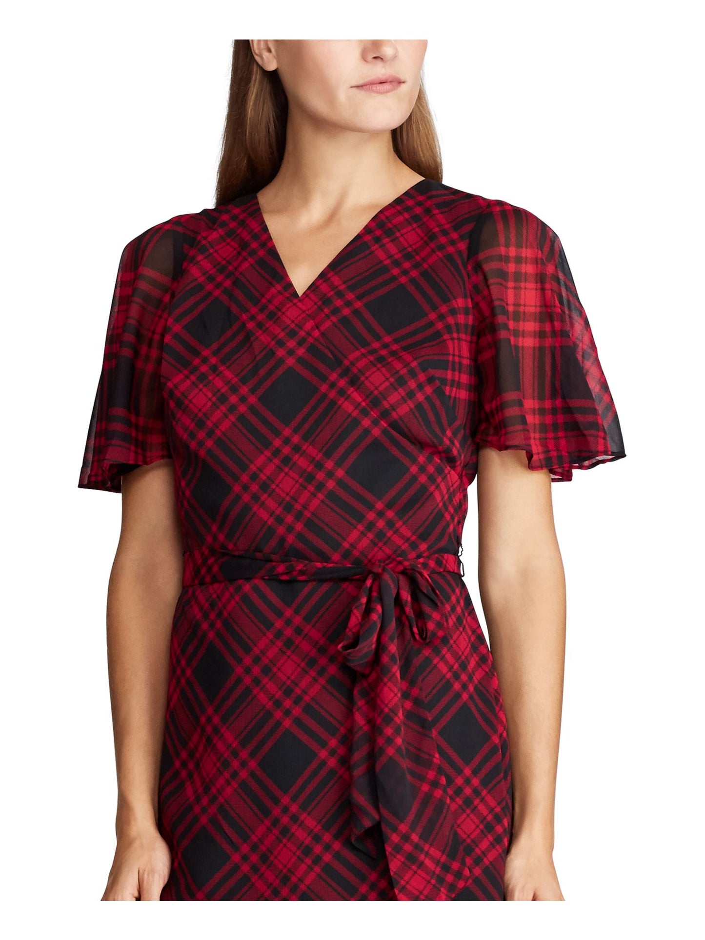 Ralph Lauren Women's Short Sleeve Below the Knee Fit Flare Dress Black/Red Size 18