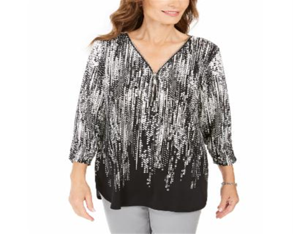 JM Collection Women's Printed Zip Neck Top Black Size Petite XL