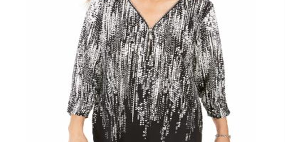 JM Collection Women's Printed Zip Neck Top Black Size Petite XL