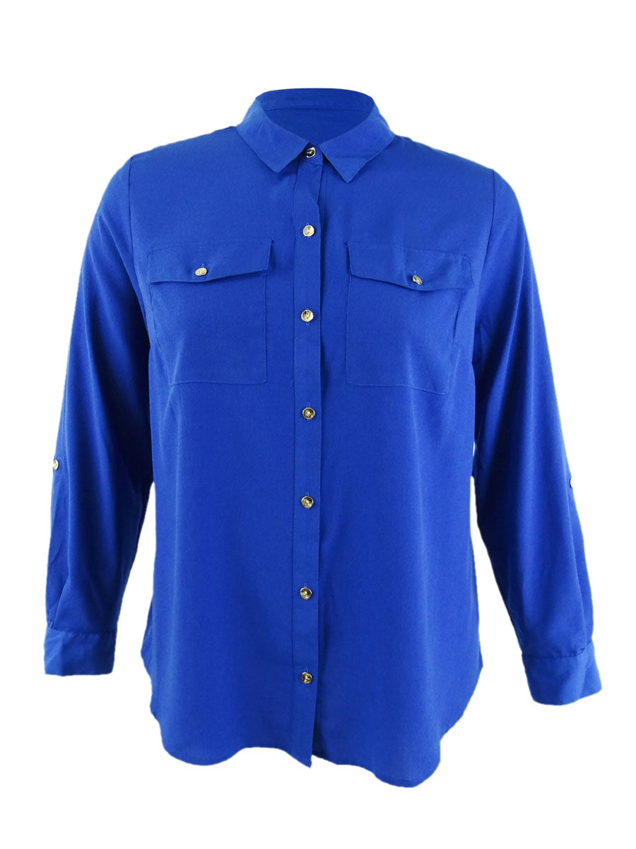 Charter Club Women's Button Front Shirt Blue Size Large