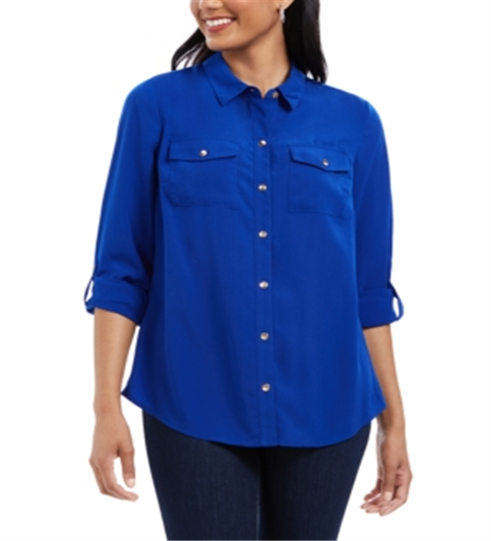Charter Club Women's Button Front Shirt Blue Size Large