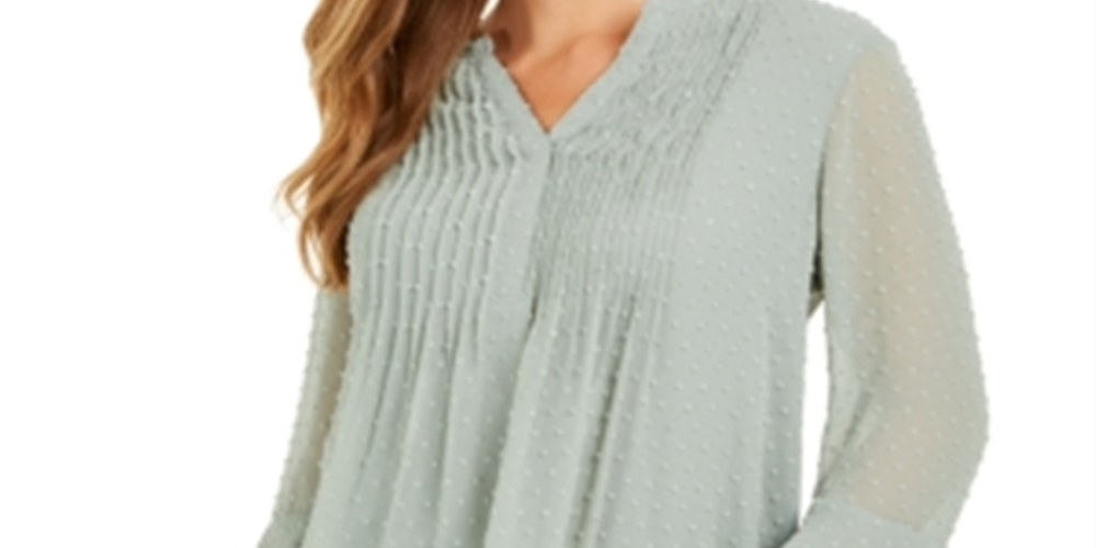 Charter Club Women's Double Ruffle Textured Pintuck Top Green Size Small