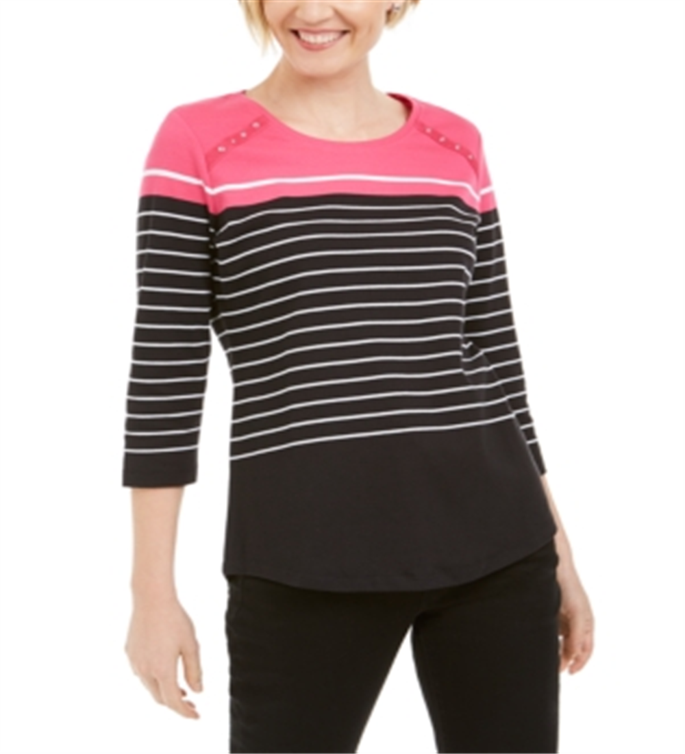 Karen Scott Women's Rivet Trim Scoop Neck Top Pink Size Small