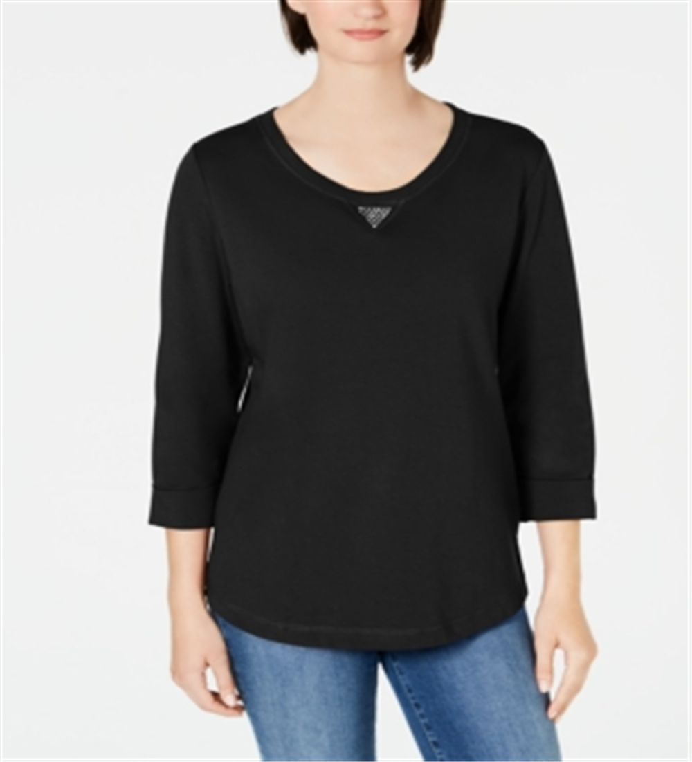 Karen Scott Women's Sport Cotton Studded 3/4 Sleeve Sweatshirt Black Size X-Small