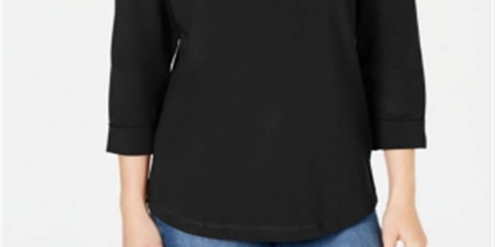Karen Scott Women's Sport Cotton Studded 3/4 Sleeve Sweatshirt Black Size X-Small