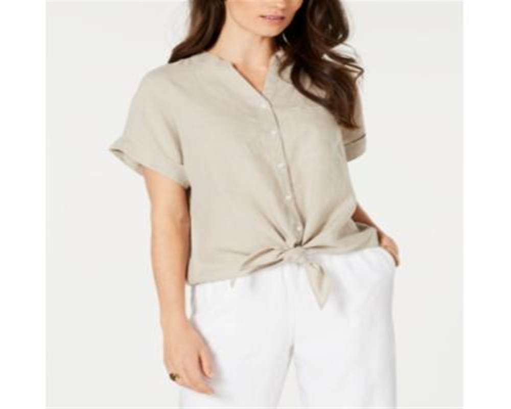 Charter Club Women's Linen Tie Front Shirt Brown Size XXL