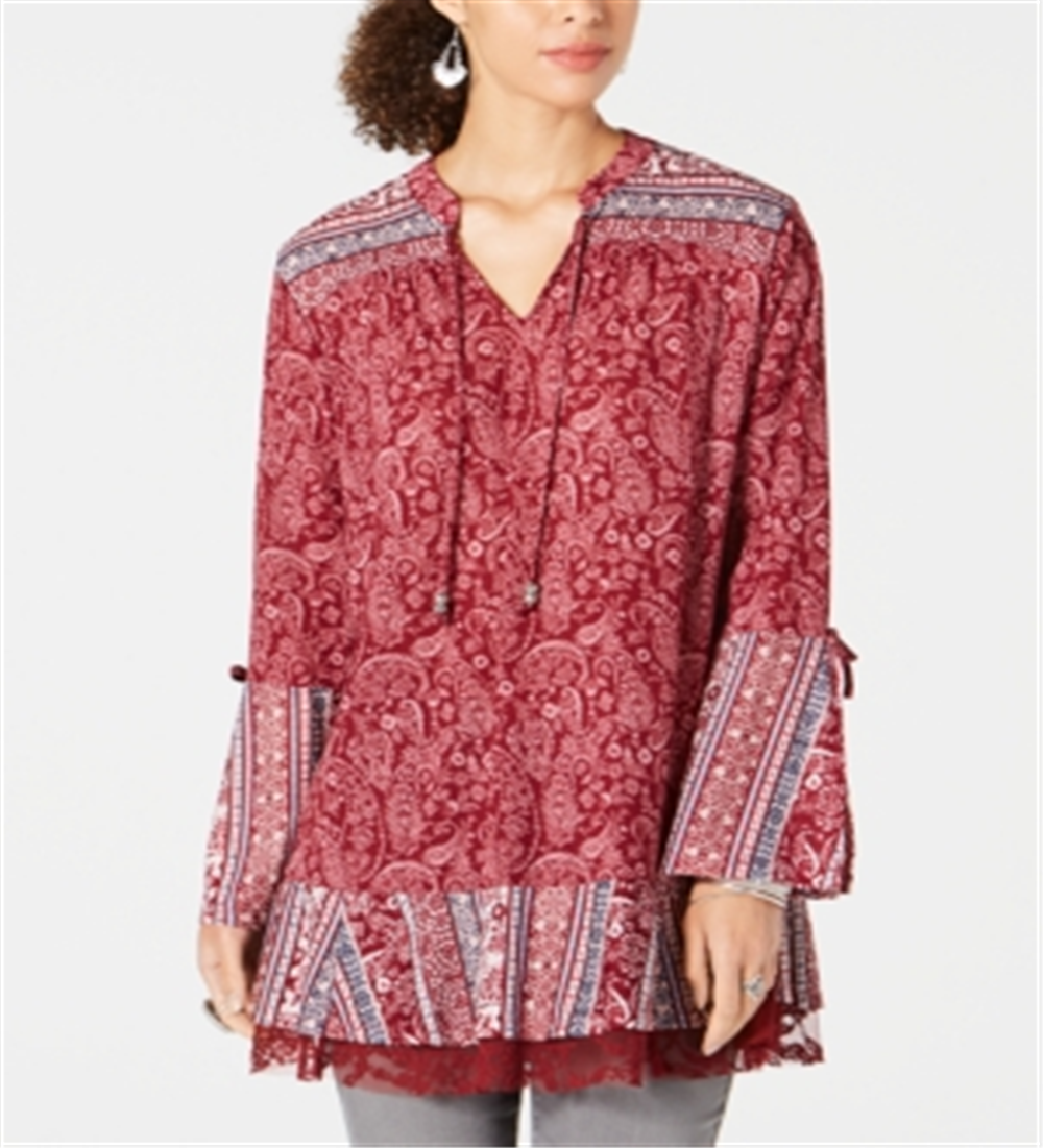 Style & Co Women's Printed Bell Sleeve Tunic Red Size Petite