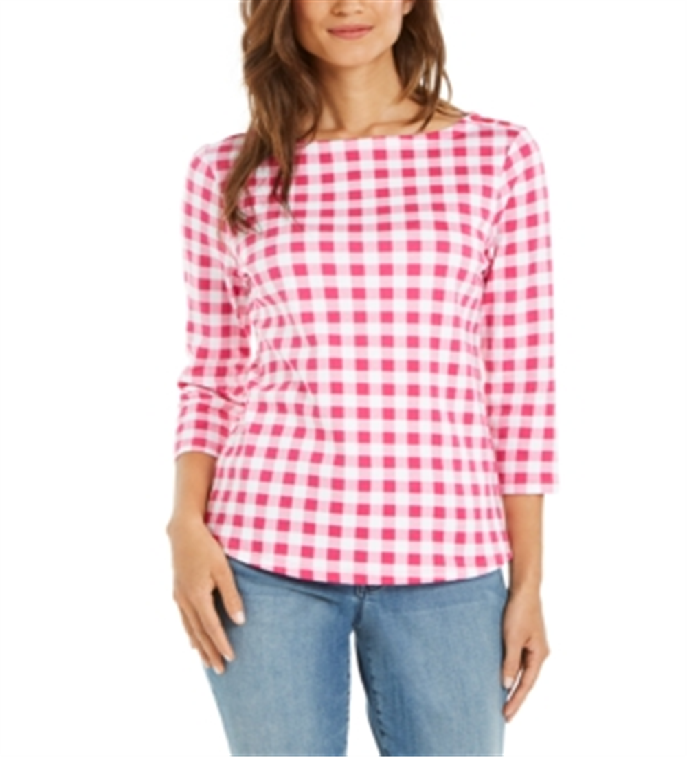 Charter Club Women's Cotton Gingham Print Boat Neck Top Black Size XS