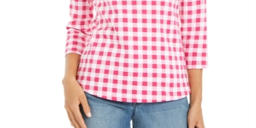Charter Club Women's Cotton Gingham Print Boat Neck Top Black Size XS
