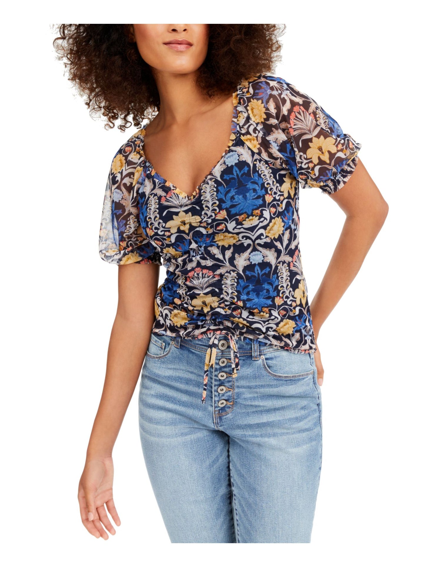 INC International Concepts Women's Printed Ruched Front Top Blue Size XS