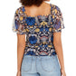 INC International Concepts Women's Printed Ruched Front Top Blue Size XS